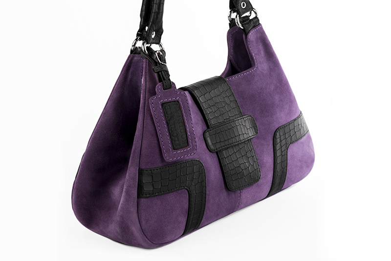 Amethyst purple and satin black women's dress handbag, matching pumps and belts. Front view - Florence KOOIJMAN